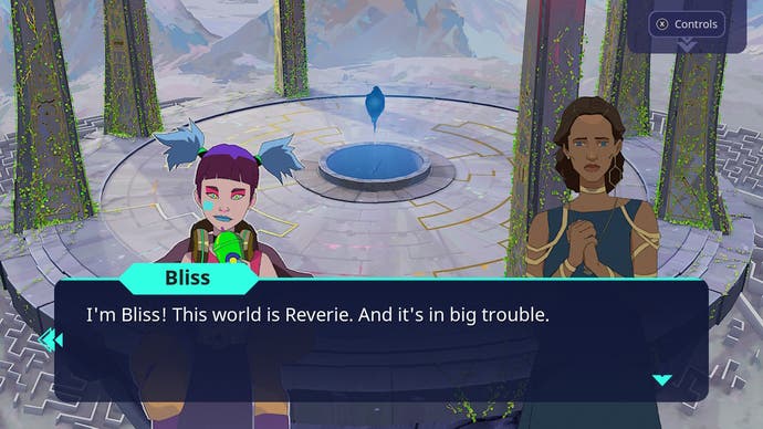 Harmony The Fall of Reverie review - screenshot showing Bliss is concerned about the future of Reverie to Polly/Harmony
