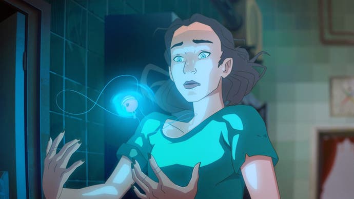 Harmony The Fall of Reverie review - screenshot showing Polly reacts to the glowing of a blue necklace