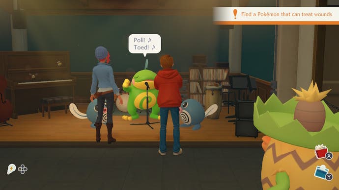 Un Pokémon que canta en el Hi-Hat Café, un lugar habitual de reunión en Detective Pikachu Returns.