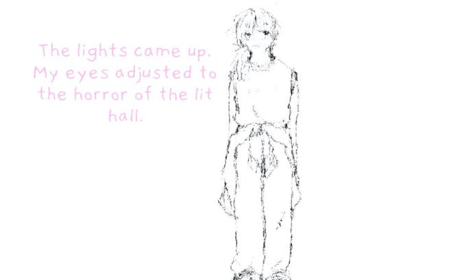 Una captura de pantalla de If Found, que muestra un Kasio ilustrado solo contra un fondo blanco.  El texto garabateado en rosa a la izquierda de Kasio dice: 