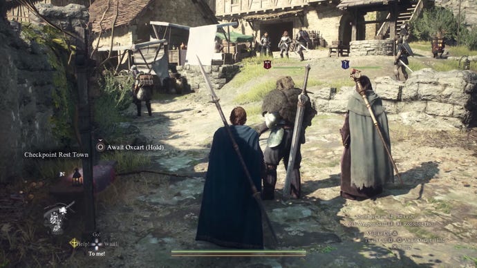 Trois aventuriers de style médiéval entrant dans un village