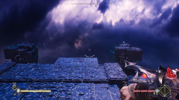 Screenshot from Immortals of Aveum showing a dream-like world with purple sky and purple abstract cubes to platform on