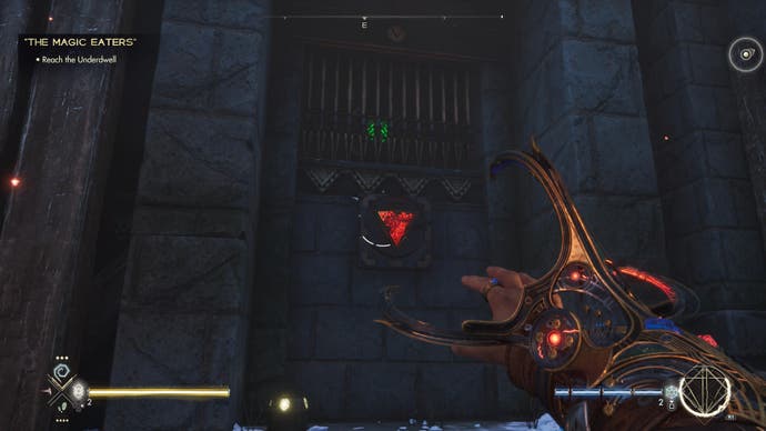 Screenshot from Immortals of Aveum showing a red triangle for you to shoot to solve a puzzle