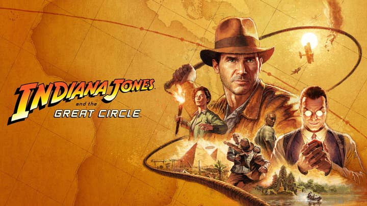 Promotional art for Indiana Jones and the Great Circle showing the game's logo and a collage of character art against a yellowed map background