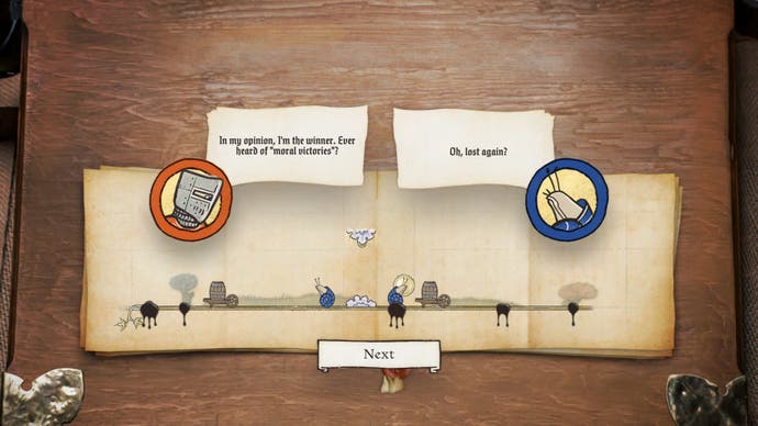Ikulinati review - the defeat screen with the defeated knight saying 'in my opinion, I'm the winner. Ever heard of moral victories?'