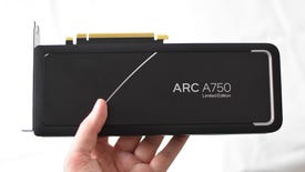 The Intel Arc A750 Limited Edition graphics card being held up by a hand.