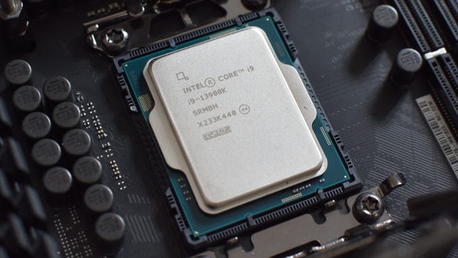 An Intel Core i9-13900K CPU installed in a motherboard.