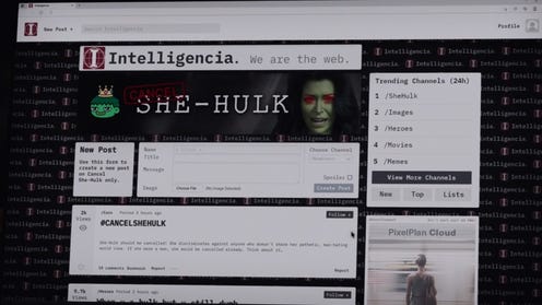 TV show still from She-Hulk featuring the website Intelligencia's webpage of She Hulk