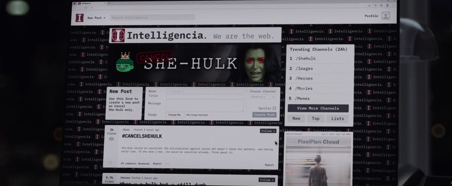 TV show still from She-Hulk featuring the website Intelligencia's webpage of She Hulk
