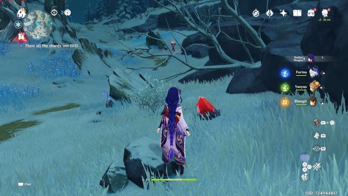 Raiden Shogun betrachtet eine kleine rote Bergbauvene im Schnee am Dragonspir -Berg