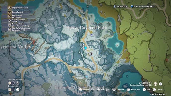 Kartenansicht eines scharlachroten Quarzortes in der Nähe des erfrierenden Baums am Dragonspire Mountain