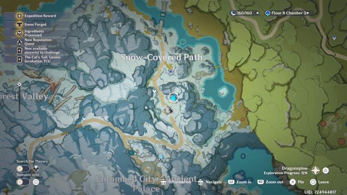 Vista de mapa de una ubicación de cuarzo escarlata cerca del árbol de congelación en la montaña dragonspire