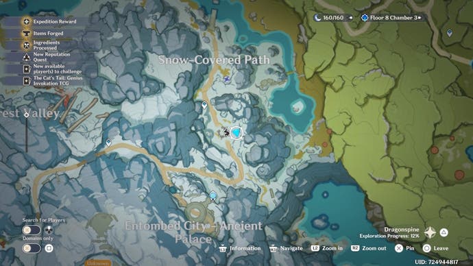 Vista de mapa de una ubicación de cuarzo escarlata cerca del árbol de congelación en la montaña dragonspire