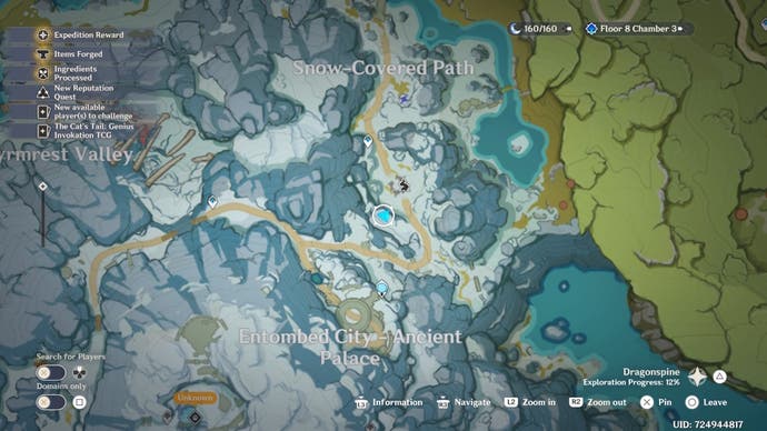 Kartenansicht eines scharlachroten Quarzortes in der Nähe des erfrierenden Baums am Dragonspire Mountain