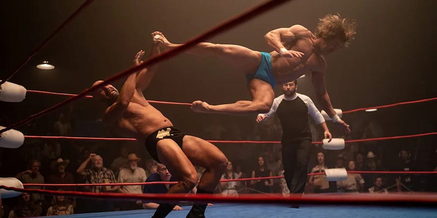 Zac Efron performing a flying kick in The Iron Claw trailer