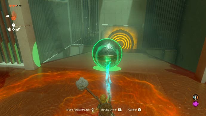 Link controlling a large metal ball as part of a puzzle in the Iun-orok Shrine.