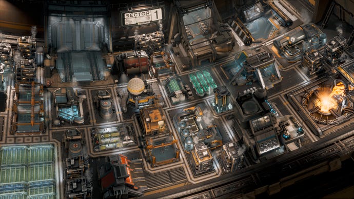 A busy, industrialised space station interior from Ixion