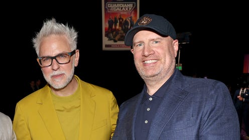 James Gunn and Kevin Feige at a Guardians of the Galaxy Vol. 3 promotional event