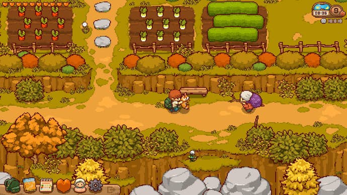 The player holds their pet dog up to an elderly woman that is passing by their farm in Japanese Rural Life Adventure