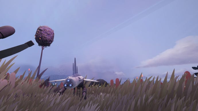 a low angle screenshot of the ship in Jett Given Time, taken in a field with grass in the foreground and a purple-blue sky above