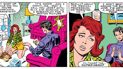 Two panels from Thor 394, an image of Jane playing with Jimmy and screenwriter