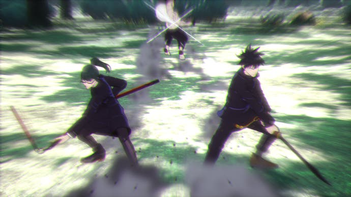 Jujutsu Kaisen: Cursed Clash screenshot of Megumi and Maki executing a joint attack against Hanami