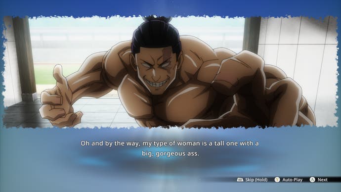 Jujutsu Kaisen: Cursed Clash screenshot of Todo talking about the type of women he’s attracted to during story mode
