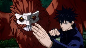 Spiky haired guy and red demon thing pose for a fight in Jujutsu Kaisen Cursed Clash