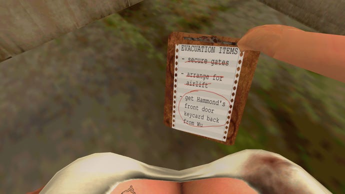 The player looking down at their to do list in Jurassic Park Trespasser (which also necessitates looking at their chest and noodle arm)