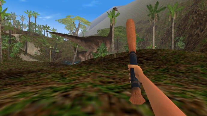 The player shakes a baseball bat at a diplodocus in Jurassic Park Trespasser