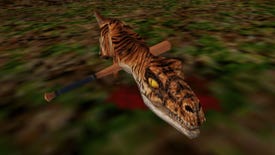 A dead velociraptor with a baseball bat clipped right through its body in Jurassic Park Trespasser