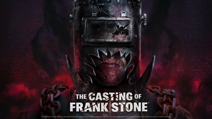 Key art of The Casting of Frank Stone showing close up of evil man with shattered welding mask