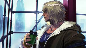 Ken from Street Fighter 6 looks out of the window of a construction site, gripping a takeaway coffee, looking morose.