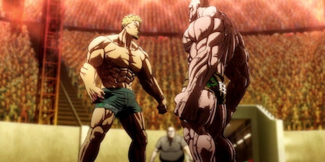 Two characters from Kengan Ashura staring each other down