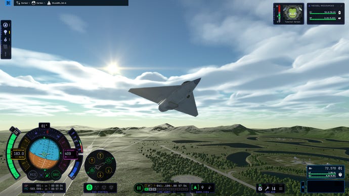 A jet-shaped rocket flies through the sky in Kerbal Space Program 2