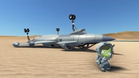 A Kerbal looks confused while their spaceship is upside down in the desert from a Kerbal Space Program 2 screenshot.