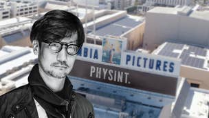 Black and white portrait of Kojima over the top of the Physint studios from Sony and Colombia Pictures.