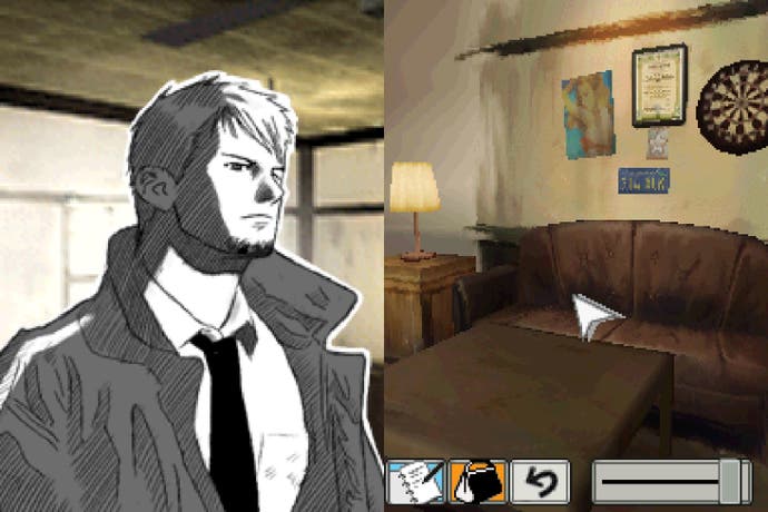 Kyle Hyde looking for clues in the Hotel Dusk lobby