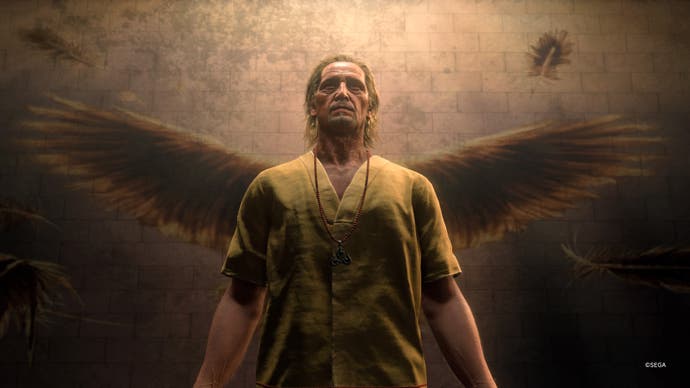Screenshot from Like A Dragon: Infinite Wealth, showing an ominous figure posing with painted wings behind him.