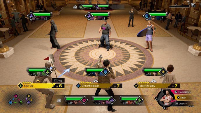 Screenshot from Like A Dragon: Infinite Wealth, showing a fight in the Pokemon-like mini-game, Sujimon.
