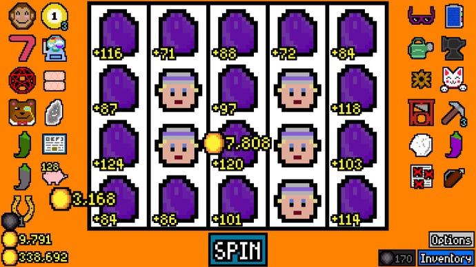 A slot machine screen with purple shapes and faces of people in Luck Be A Landlord