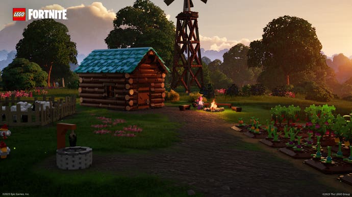 Lego Fortnite screenshot showing a house at sunset.