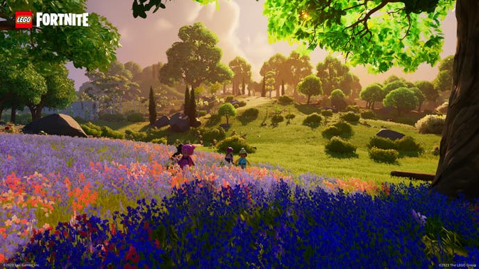 A Lego Fortnite screenshot showing a meadow filled with colorful flowers.