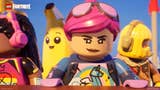 Lego Fortnite screenshot showing characters peering out from a hot air balloon basket.