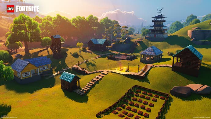 A Lego Fortnite screenshot showing a farm.