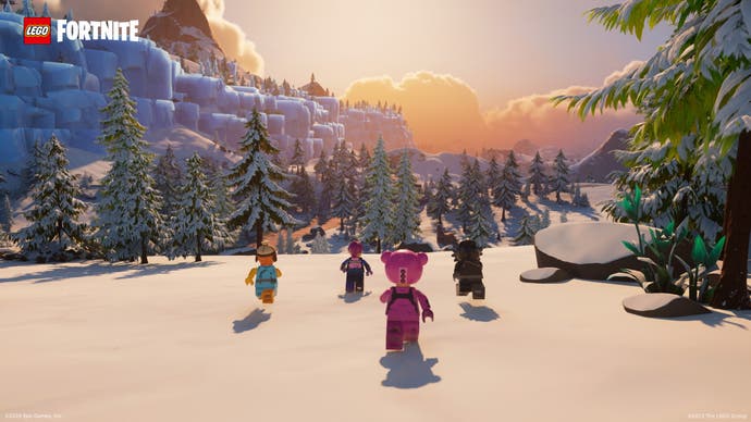 A screenshot from Lego Fortnite showing characters exploring snow.