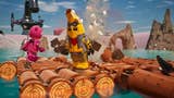 Lego Fortnite pirate raft mini-game showing Peely building up the raft as cannon fire blows it up.