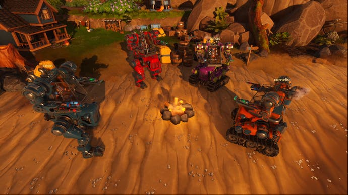 Lightyear Frontier four player mechs around a campfire