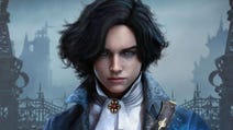 Lies of P key art, showing delicate but striking young person with a high coloured blue coat, white cravat, porcelain-white skin, and mid-length, raven-black hair. It's a moody but beautiful image.