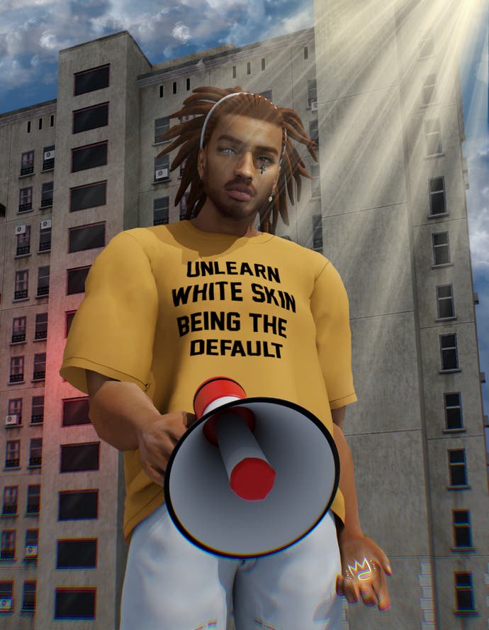 Black Sims character with yellow t-shirt slogan "unlearn white skin being the default" with megaphone